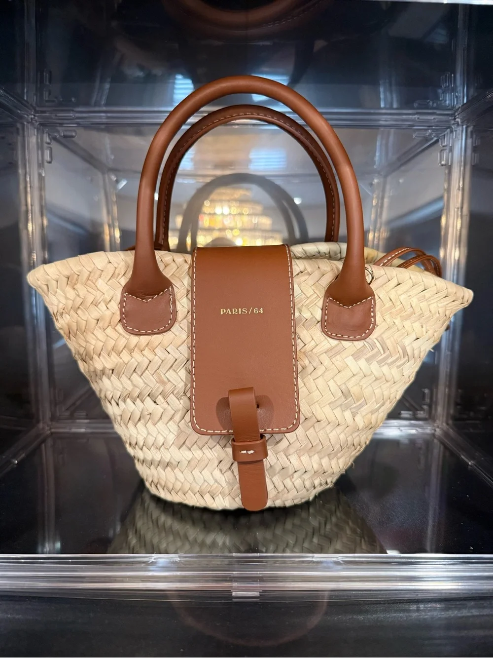 PARIS/64 Tan Straw Tote with Brown Leather Trim - Picture 1 of 3